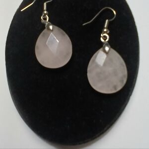 Elegant Silver Tone and Rose Quarts Pear Shape Dangle Earrings